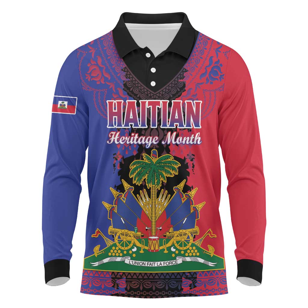 Personalised Haitian Heritage Month Long Sleeve Polo Shirt Citadelle Laferriere Dashiki Pattern