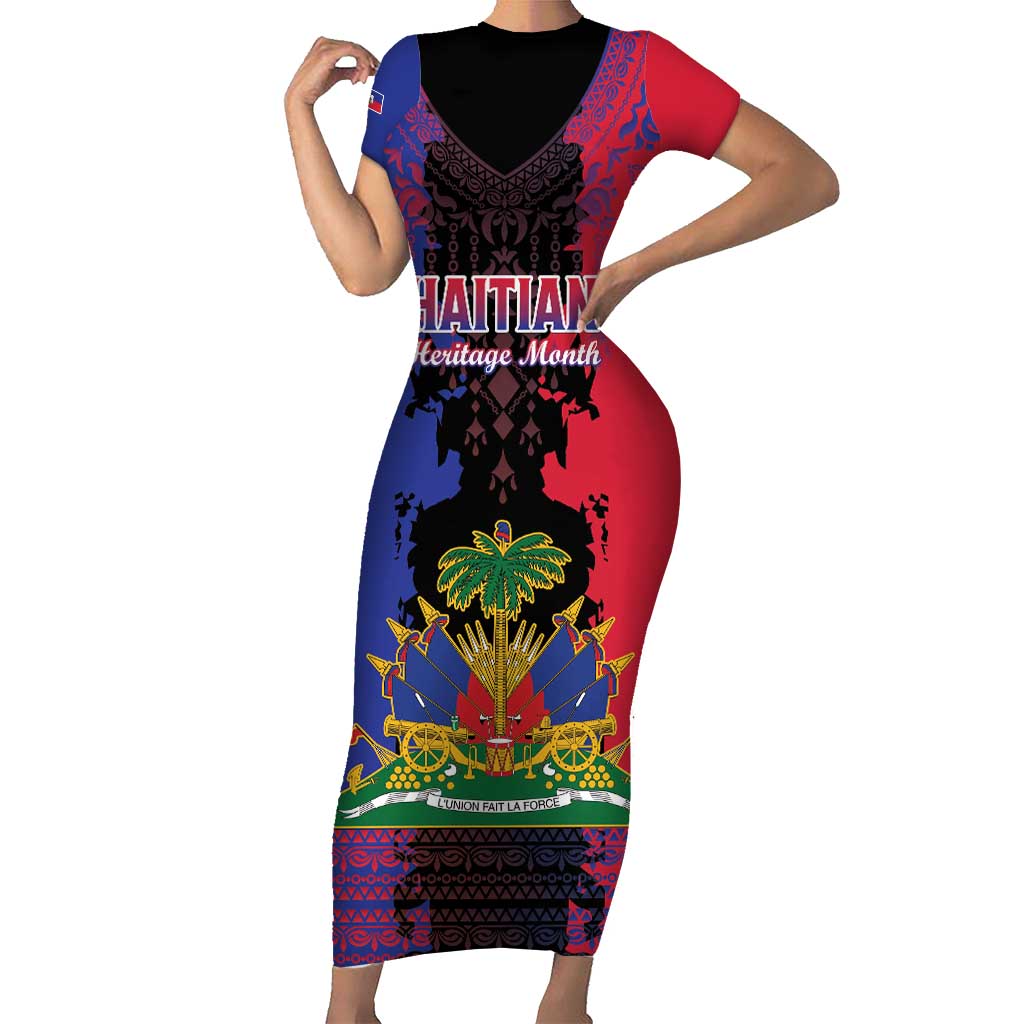 Personalised Haitian Heritage Month Short Sleeve Bodycon Dress Citadelle Laferriere Dashiki Pattern