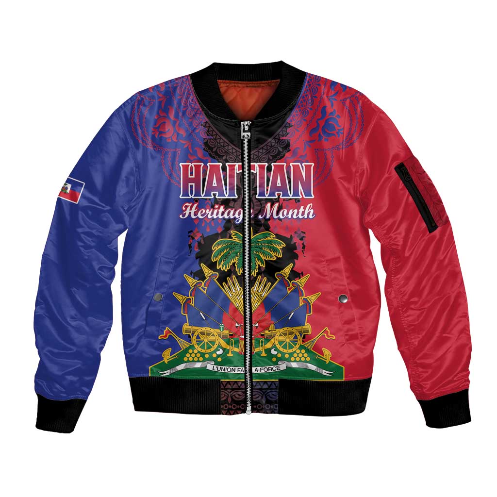 Personalised Haitian Heritage Month Sleeve Zip Bomber Jacket Citadelle Laferriere Dashiki Pattern