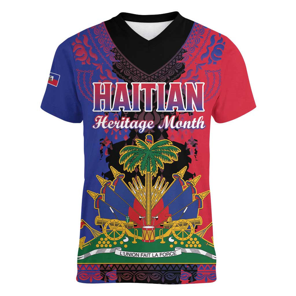 Personalised Haitian Heritage Month Women V-Neck T-Shirt Citadelle Laferriere Dashiki Pattern