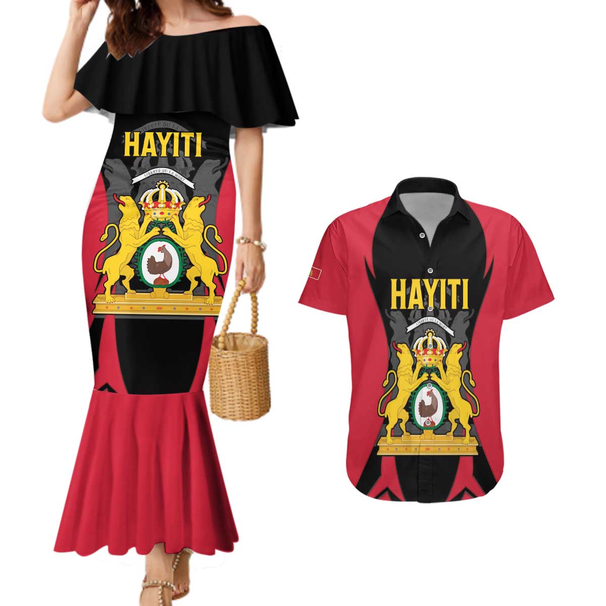 Personalised Empire dHayiti 1804–1806 Couples Matching Mermaid Dress and Hawaiian Shirt Coat Of Arms Flag Style