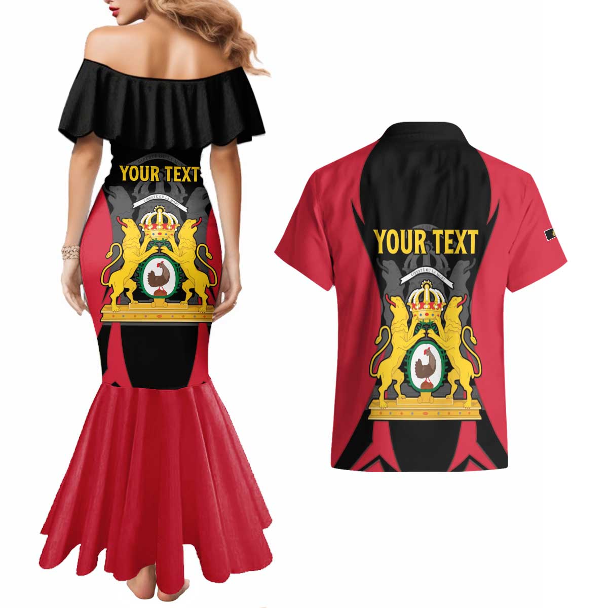 Personalised Empire dHayiti 1804–1806 Couples Matching Mermaid Dress and Hawaiian Shirt Coat Of Arms Flag Style