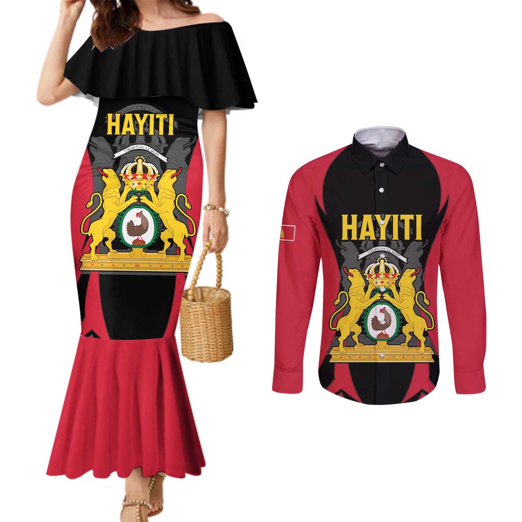 Personalised Empire dHayiti 1804–1806 Couples Matching Mermaid Dress and Long Sleeve Button Shirt Coat Of Arms Flag Style