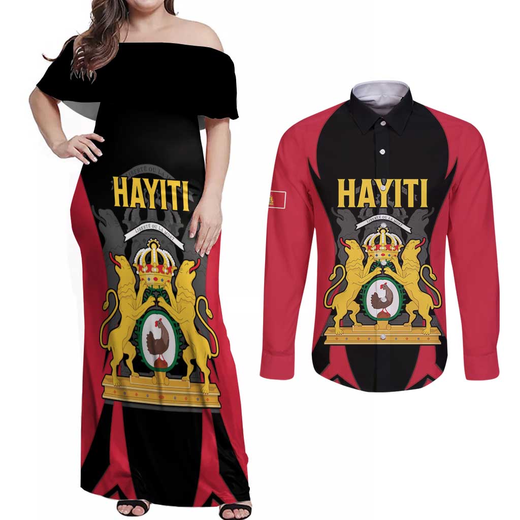Personalised Empire dHayiti 1804–1806 Couples Matching Off Shoulder Maxi Dress and Long Sleeve Button Shirt Coat Of Arms Flag Style