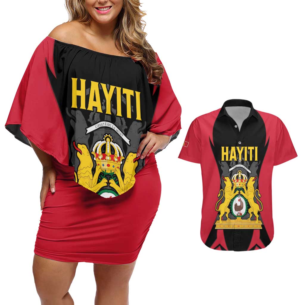 Personalised Empire dHayiti 1804–1806 Couples Matching Off Shoulder Short Dress and Hawaiian Shirt Coat Of Arms Flag Style