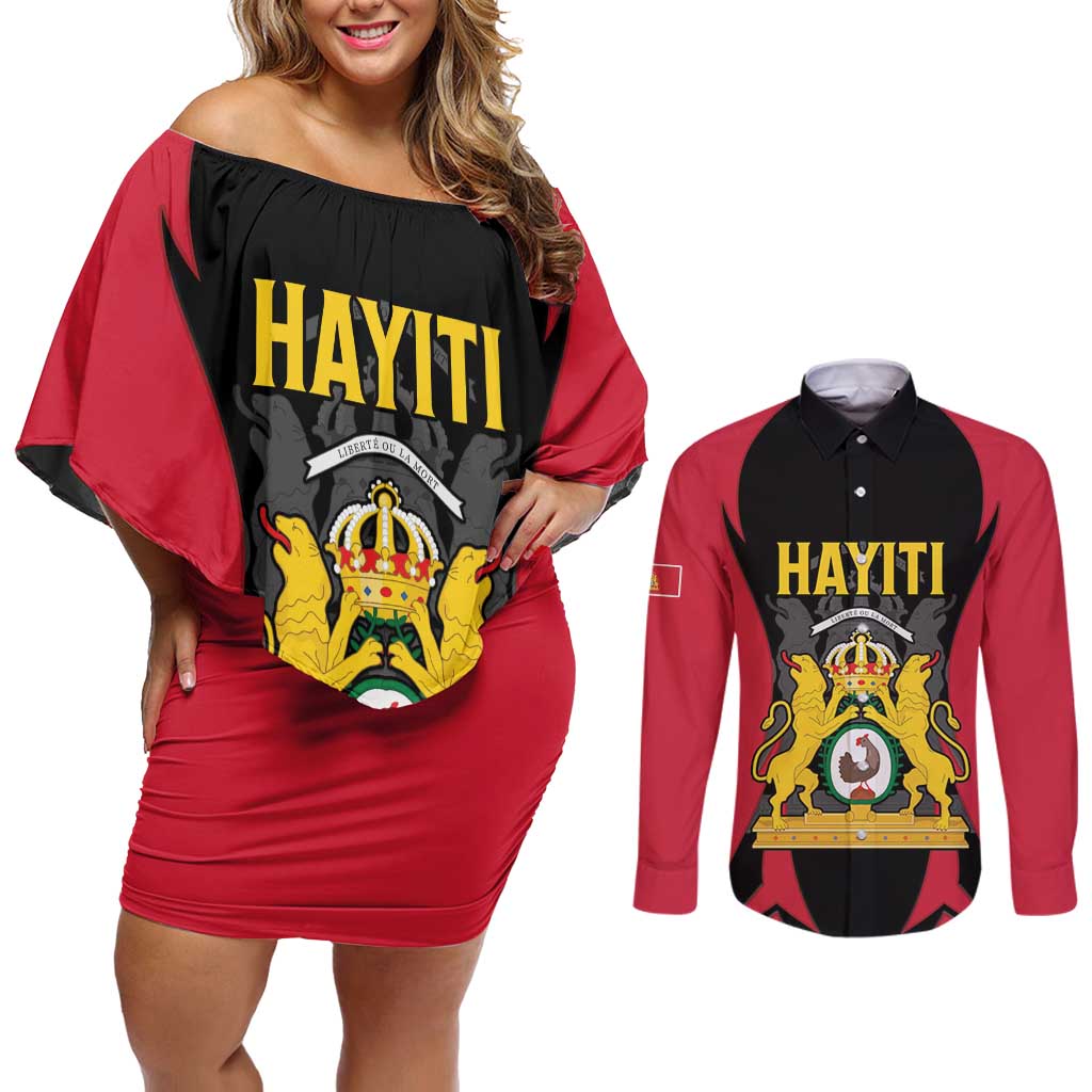 Personalised Empire dHayiti 1804–1806 Couples Matching Off Shoulder Short Dress and Long Sleeve Button Shirt Coat Of Arms Flag Style