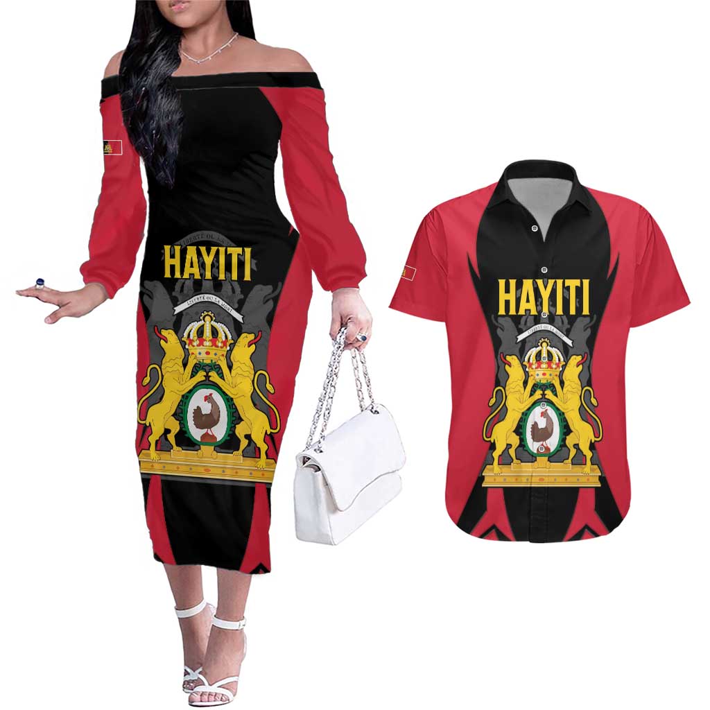 Personalised Empire dHayiti 1804–1806 Couples Matching Off The Shoulder Long Sleeve Dress and Hawaiian Shirt Coat Of Arms Flag Style