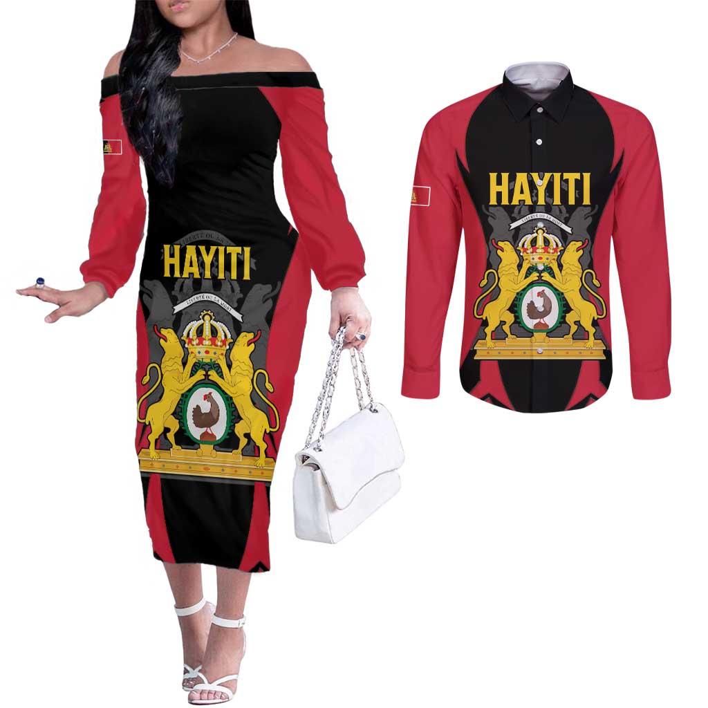 Personalised Empire dHayiti 1804–1806 Couples Matching Off The Shoulder Long Sleeve Dress and Long Sleeve Button Shirt Coat Of Arms Flag Style