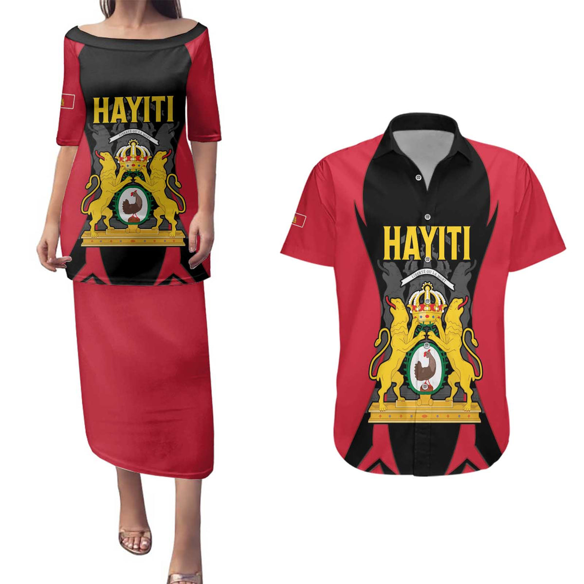 Personalised Empire dHayiti 1804–1806 Couples Matching Puletasi and Hawaiian Shirt Coat Of Arms Flag Style