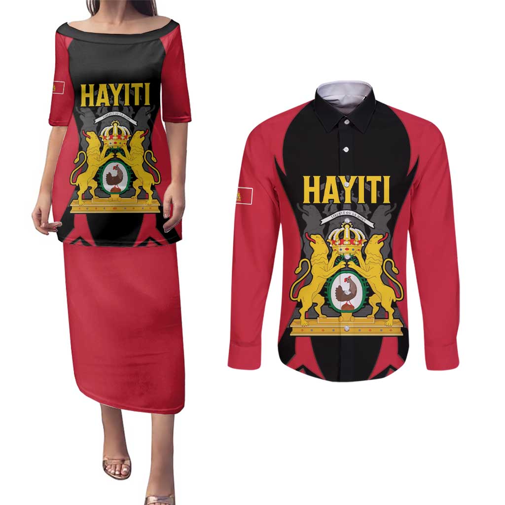 Personalised Empire dHayiti 1804–1806 Couples Matching Puletasi and Long Sleeve Button Shirt Coat Of Arms Flag Style