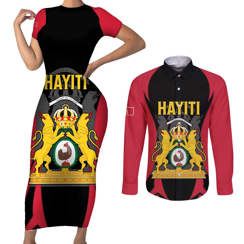 Personalised Empire dHayiti 1804–1806 Couples Matching Short Sleeve Bodycon Dress and Long Sleeve Button Shirt Coat Of Arms Flag Style