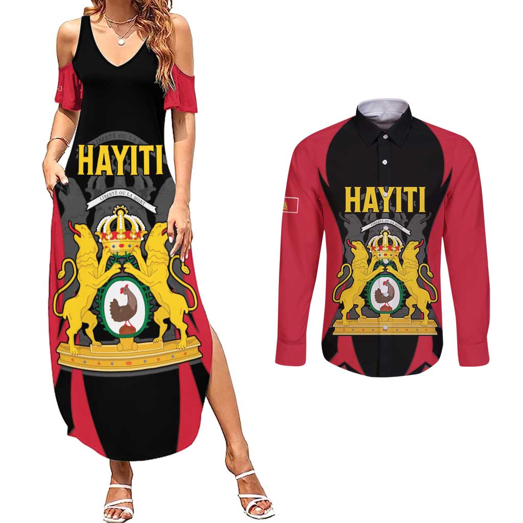 Personalised Empire dHayiti 1804–1806 Couples Matching Summer Maxi Dress and Long Sleeve Button Shirt Coat Of Arms Flag Style