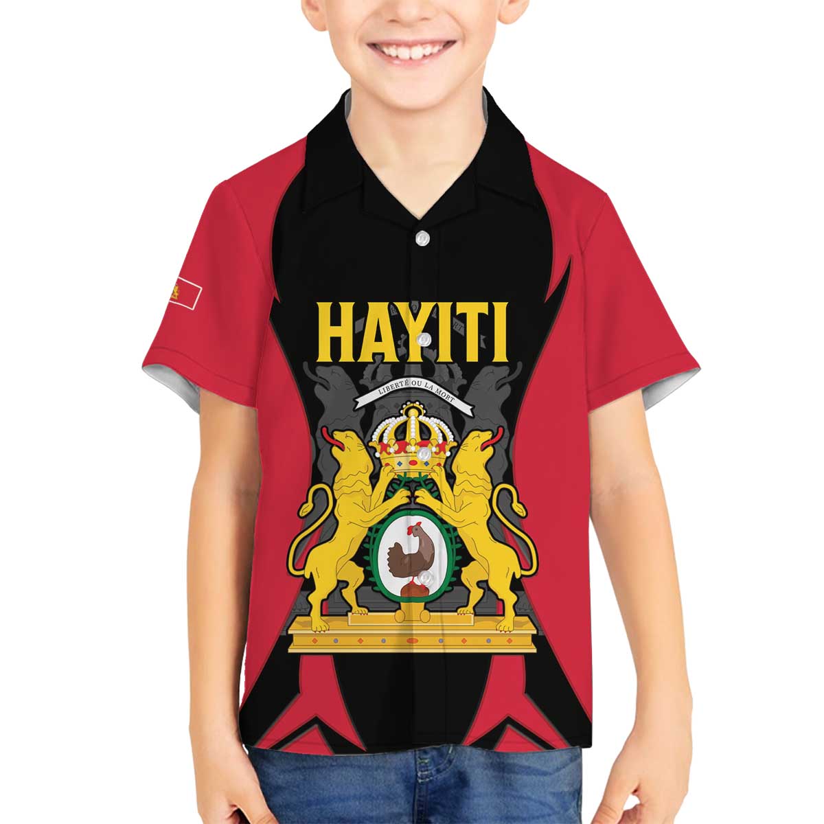 Personalised Empire dHayiti 1804–1806 Family Matching Off The Shoulder Long Sleeve Dress and Hawaiian Shirt Coat Of Arms Flag Style