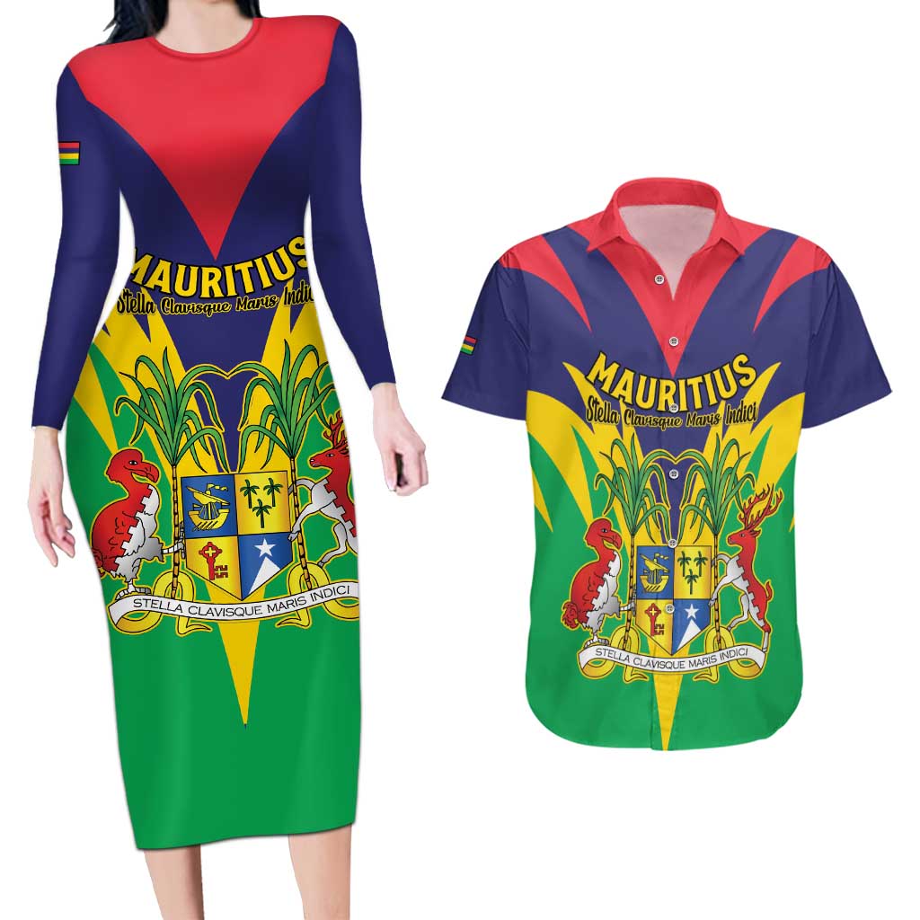 Personalised Mauritius Couples Matching Long Sleeve Bodycon Dress and Hawaiian Shirt Stella Clavisque Maris Indici