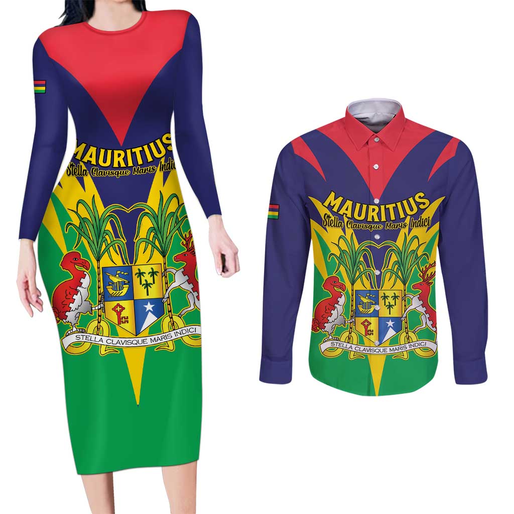 Personalised Mauritius Couples Matching Long Sleeve Bodycon Dress and Long Sleeve Button Shirt Stella Clavisque Maris Indici