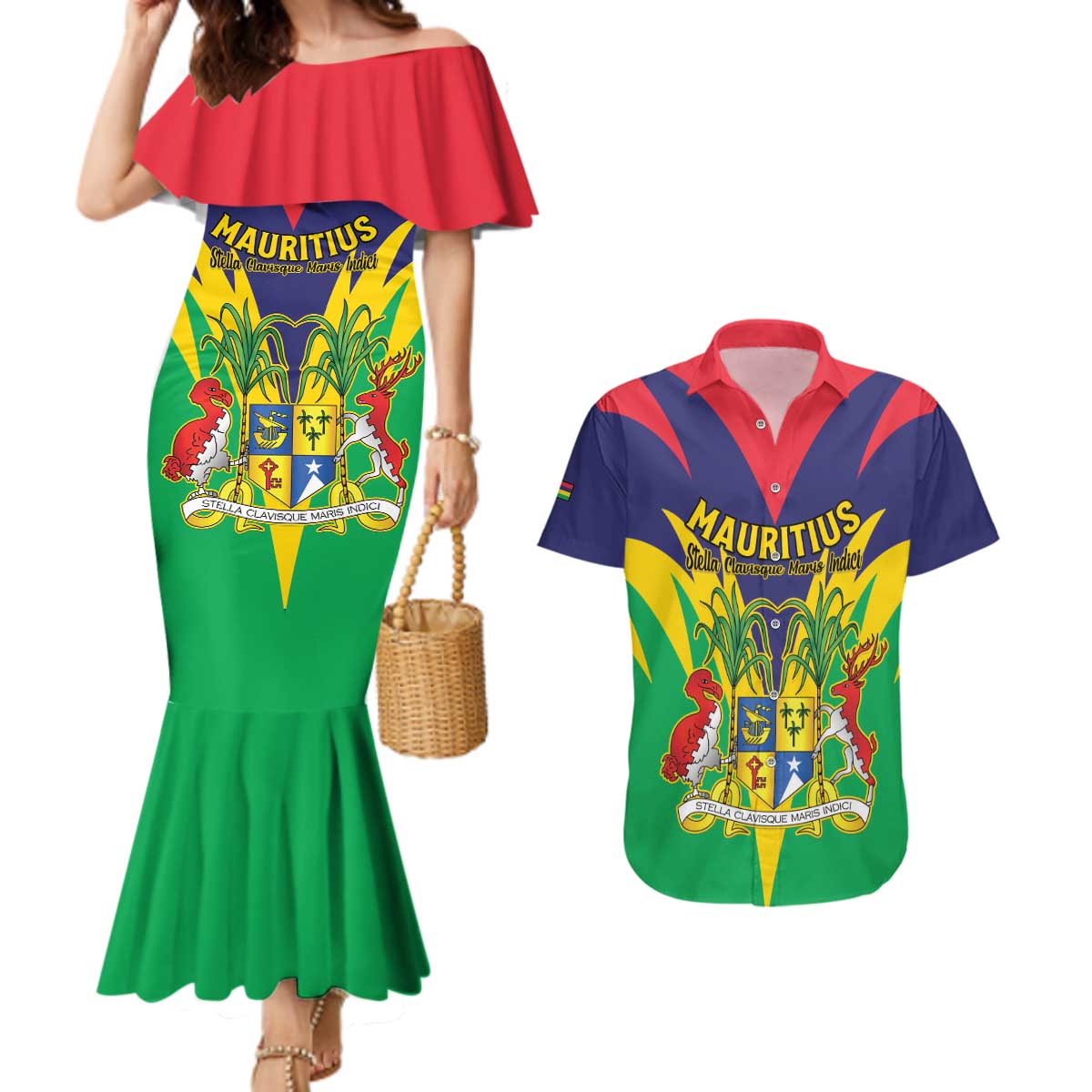 Personalised Mauritius Couples Matching Mermaid Dress and Hawaiian Shirt Stella Clavisque Maris Indici