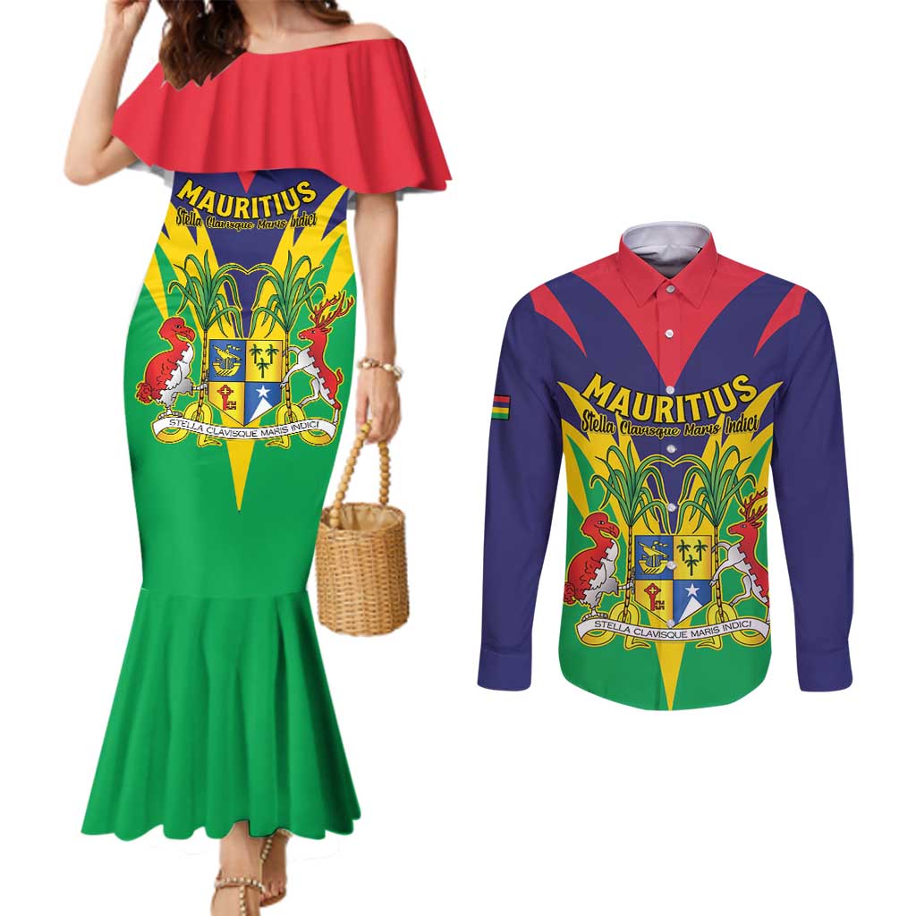 Personalised Mauritius Couples Matching Mermaid Dress and Long Sleeve Button Shirt Stella Clavisque Maris Indici