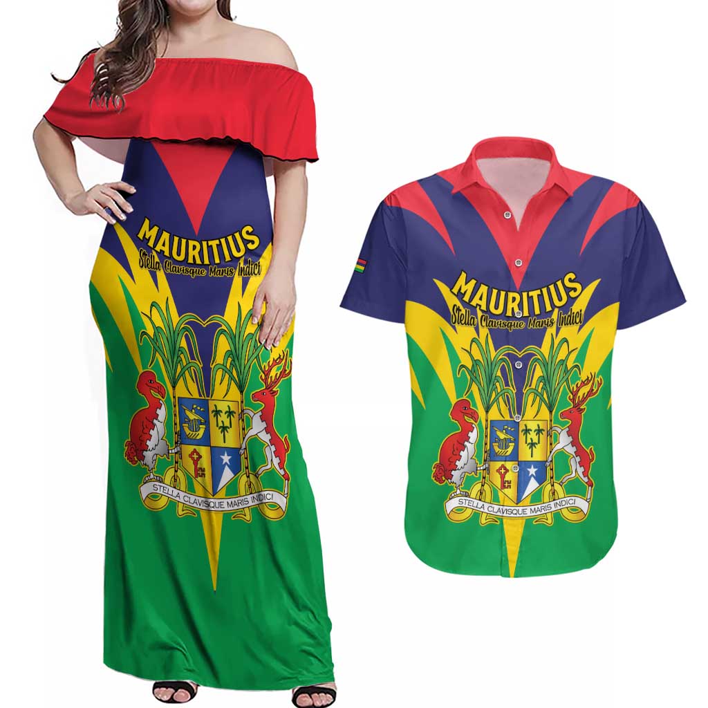 Personalised Mauritius Couples Matching Off Shoulder Maxi Dress and Hawaiian Shirt Stella Clavisque Maris Indici