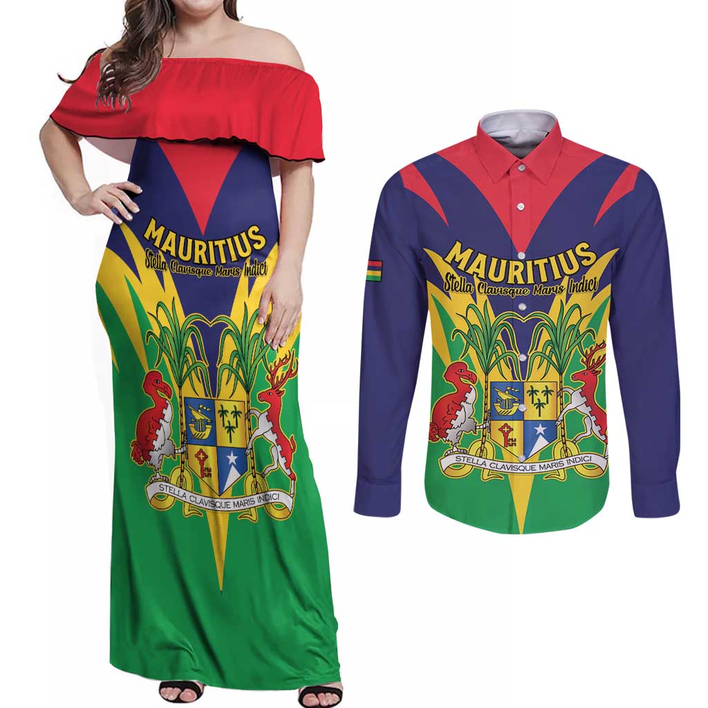 Personalised Mauritius Couples Matching Off Shoulder Maxi Dress and Long Sleeve Button Shirt Stella Clavisque Maris Indici