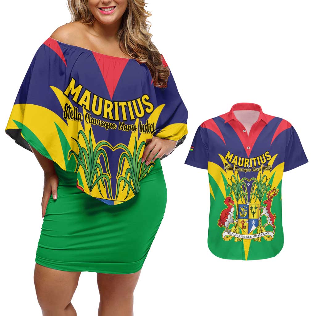Personalised Mauritius Couples Matching Off Shoulder Short Dress and Hawaiian Shirt Stella Clavisque Maris Indici