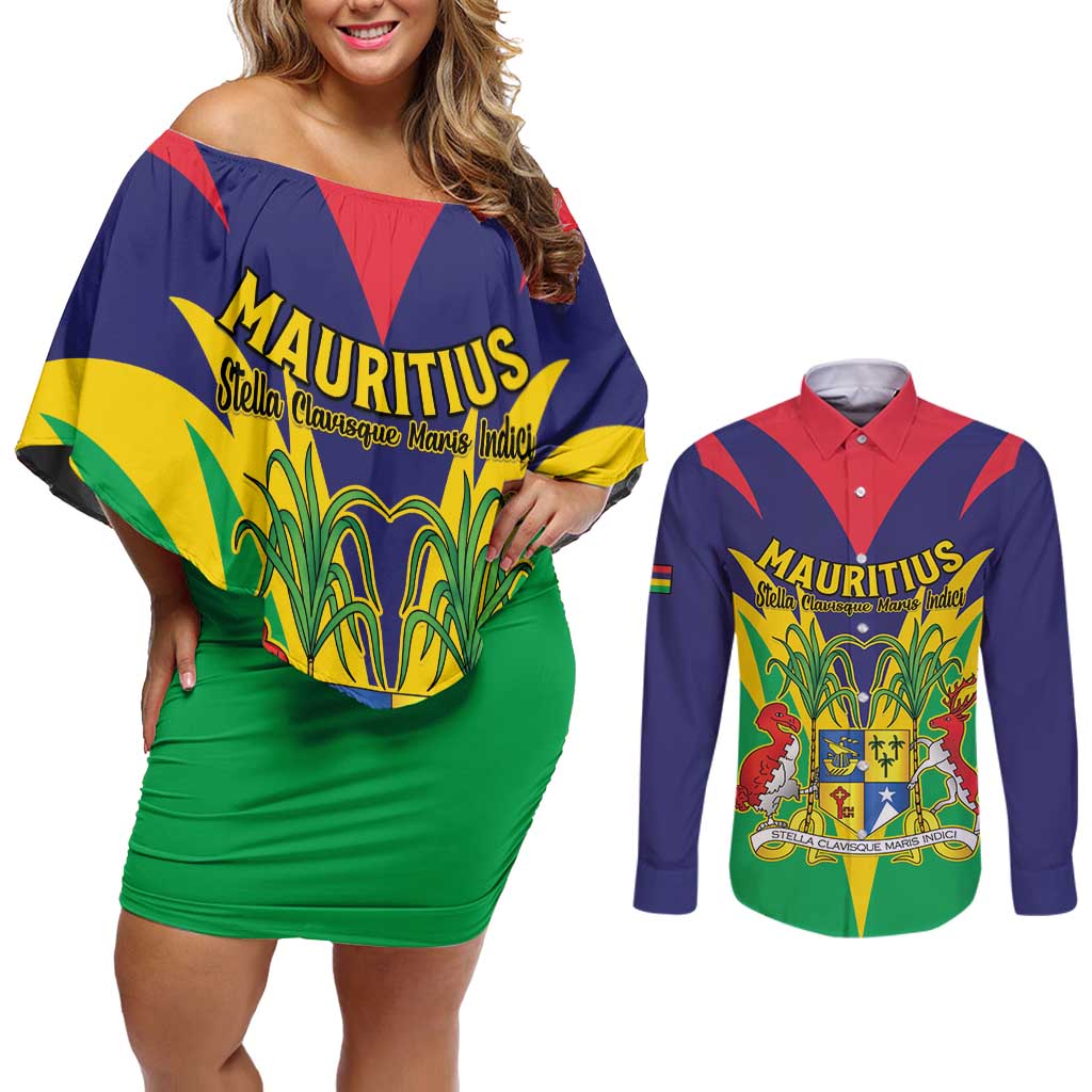 Personalised Mauritius Couples Matching Off Shoulder Short Dress and Long Sleeve Button Shirt Stella Clavisque Maris Indici