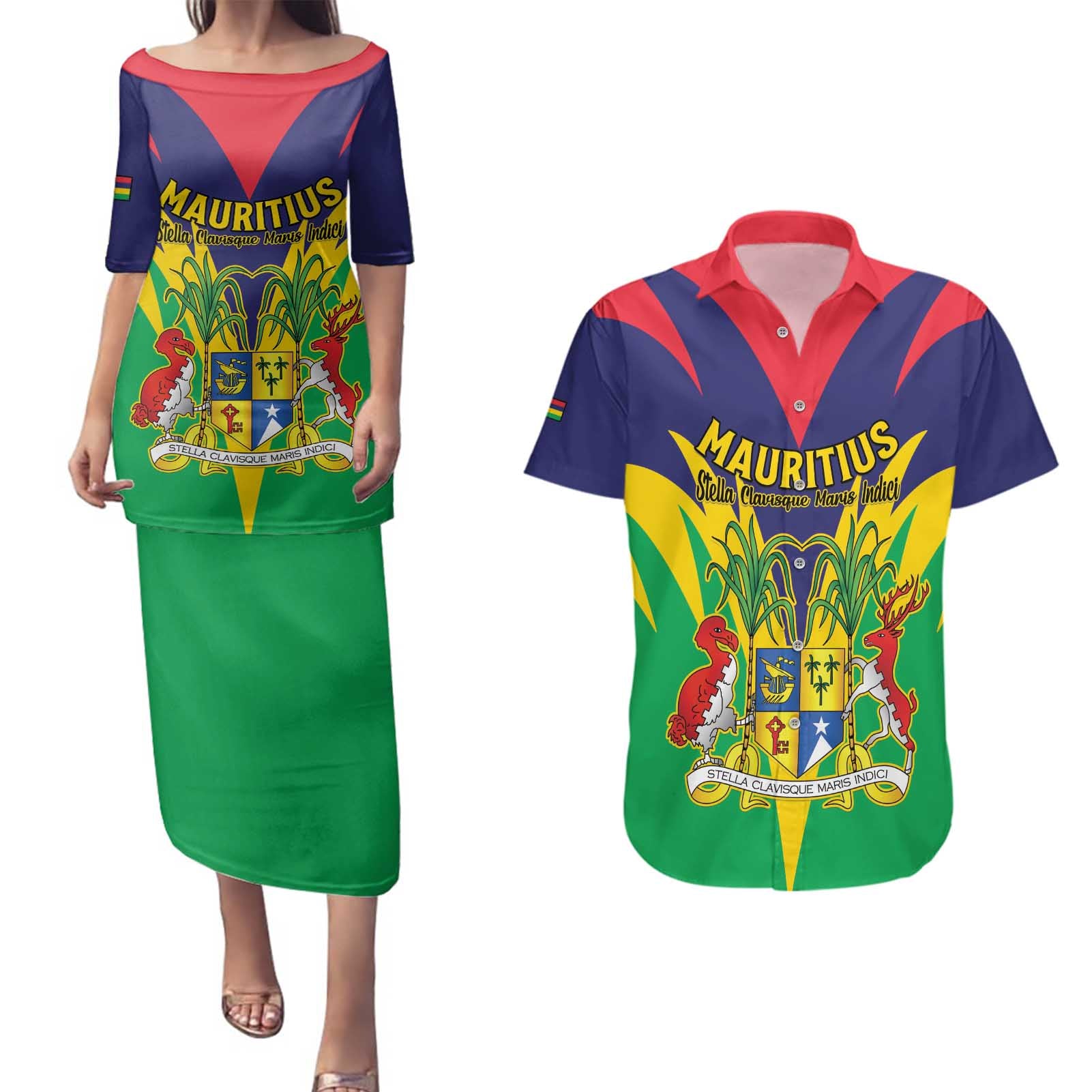 Personalised Mauritius Couples Matching Puletasi and Hawaiian Shirt Stella Clavisque Maris Indici