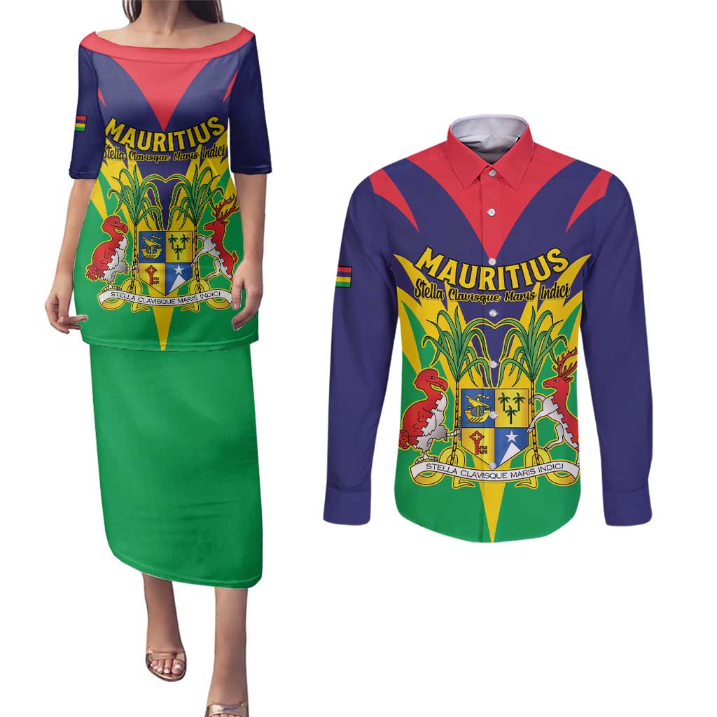 Personalised Mauritius Couples Matching Puletasi and Long Sleeve Button Shirt Stella Clavisque Maris Indici