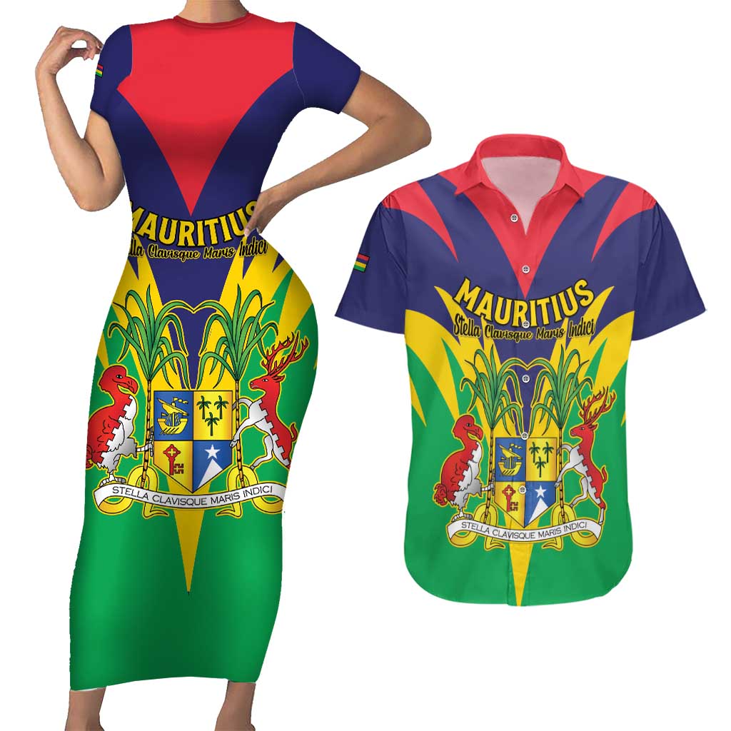 Personalised Mauritius Couples Matching Short Sleeve Bodycon Dress and Hawaiian Shirt Stella Clavisque Maris Indici