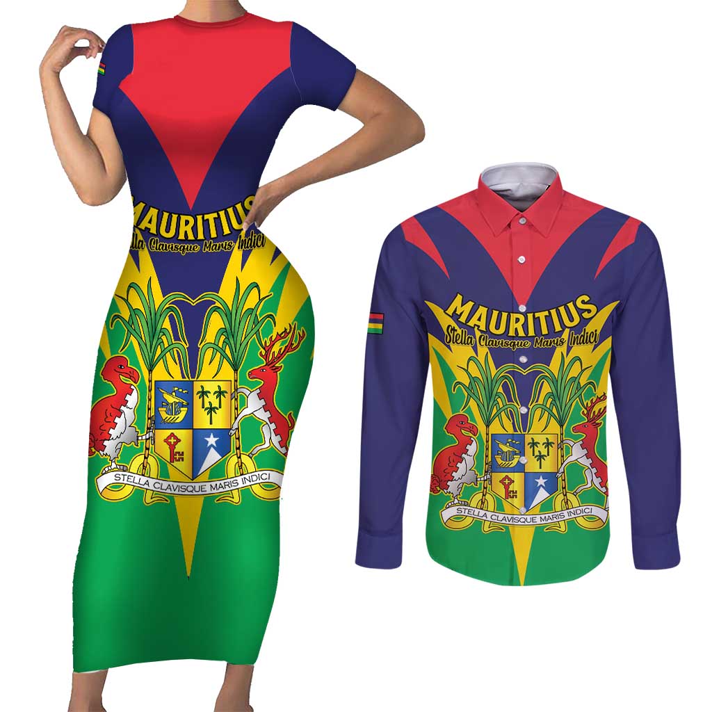 Personalised Mauritius Couples Matching Short Sleeve Bodycon Dress and Long Sleeve Button Shirt Stella Clavisque Maris Indici