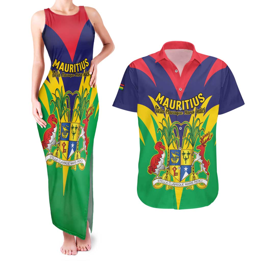 Personalised Mauritius Couples Matching Tank Maxi Dress and Hawaiian Shirt Stella Clavisque Maris Indici