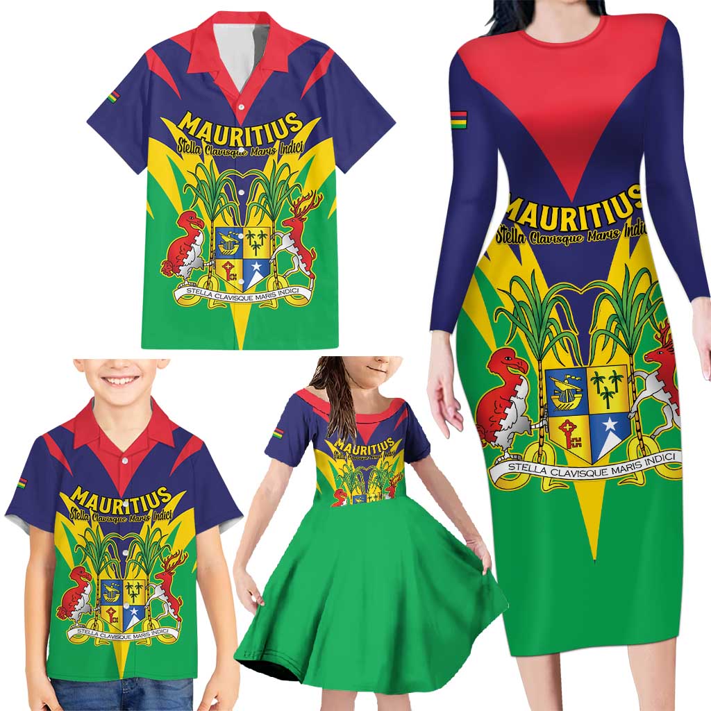 Personalised Mauritius Family Matching Long Sleeve Bodycon Dress and Hawaiian Shirt Stella Clavisque Maris Indici