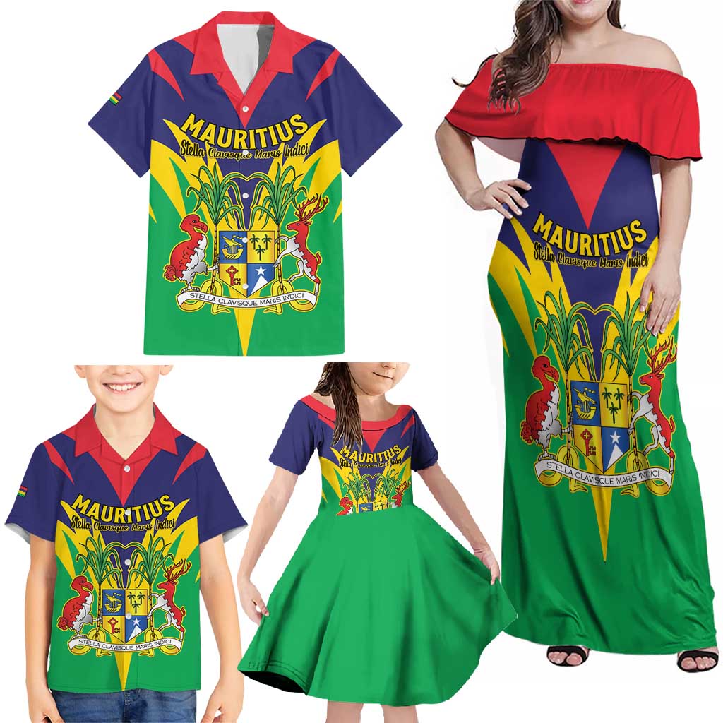 Personalised Mauritius Family Matching Off Shoulder Maxi Dress and Hawaiian Shirt Stella Clavisque Maris Indici