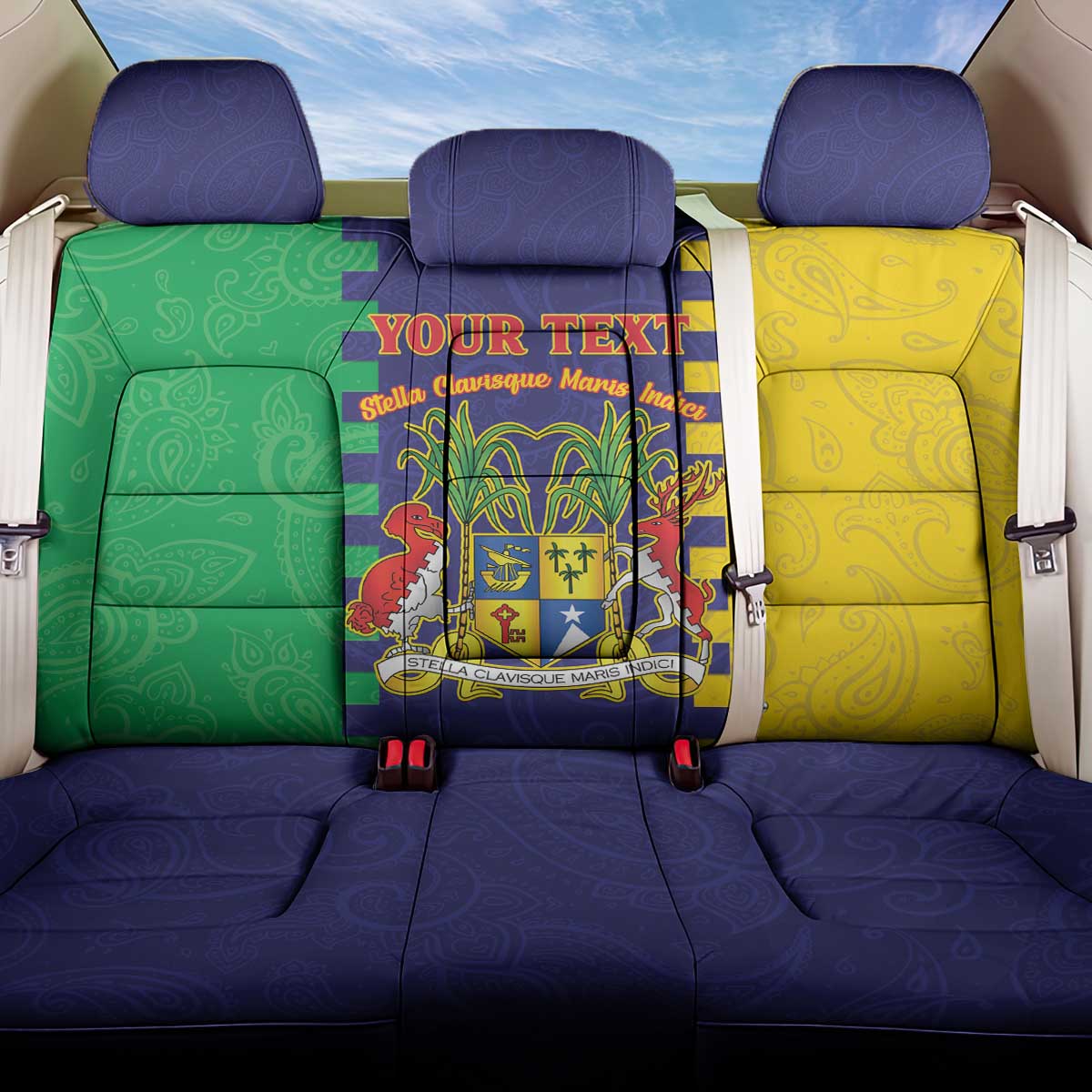 Personalised Mauritius Back Car Seat Cover Coat Of Arms Mix Paisley Pattern