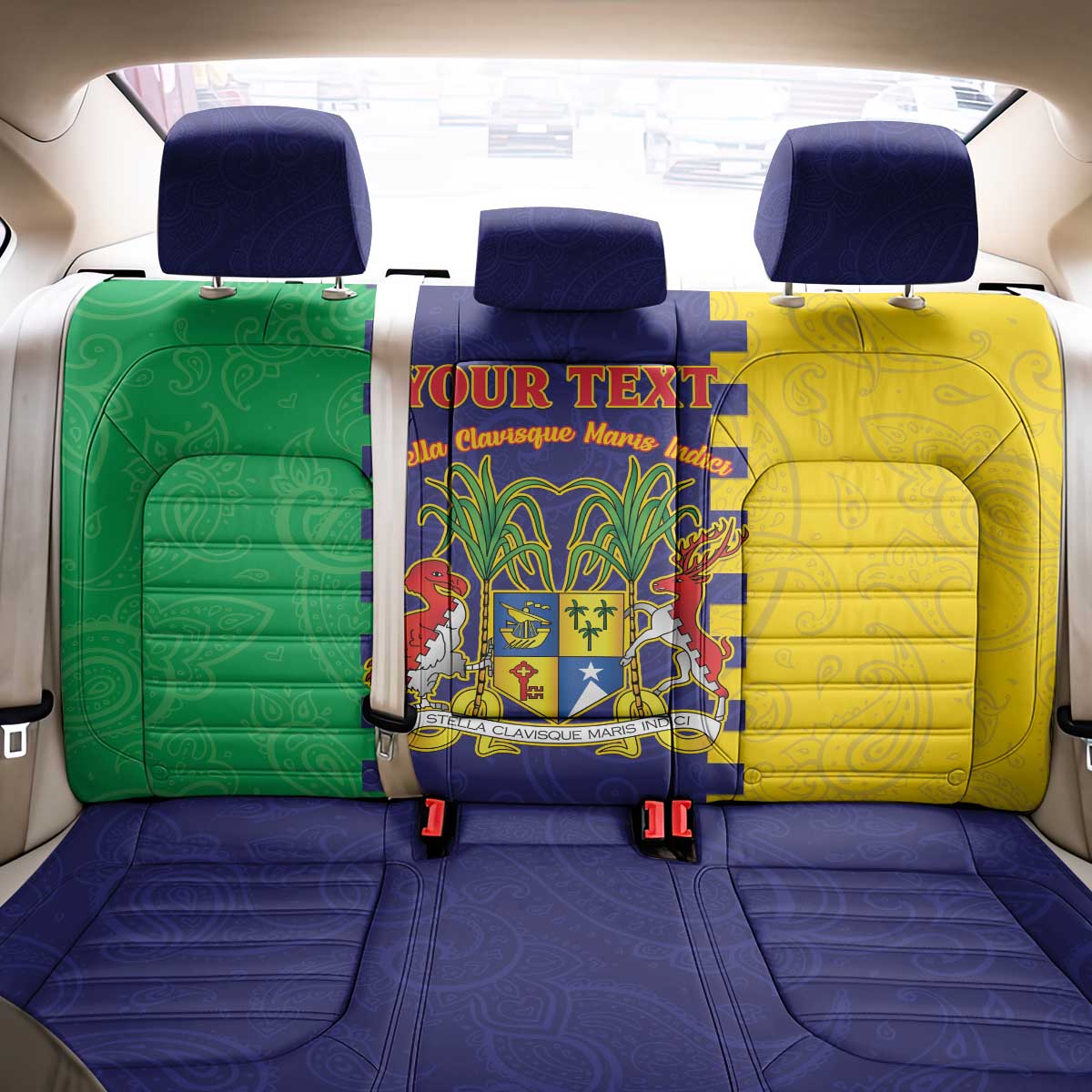 Personalised Mauritius Back Car Seat Cover Coat Of Arms Mix Paisley Pattern