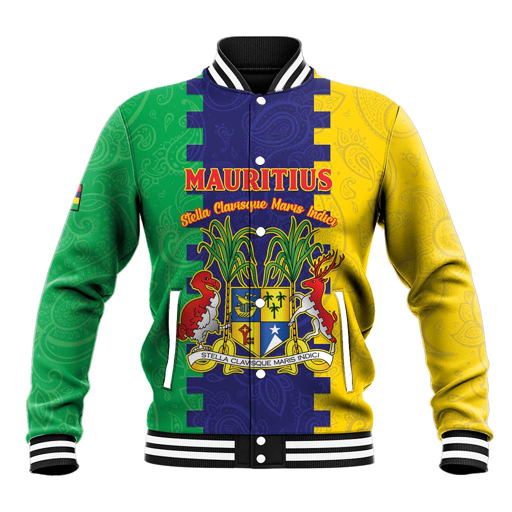 Personalised Mauritius Baseball Jacket Coat Of Arms Mix Paisley Pattern