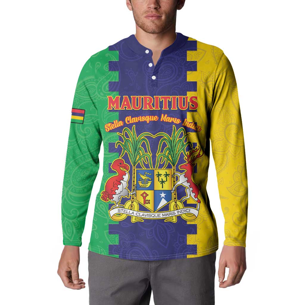Personalised Mauritius Button Sweatshirt Coat Of Arms Mix Paisley Pattern