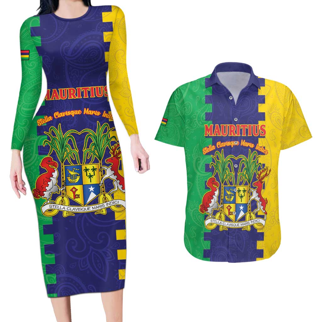 Personalised Mauritius Couples Matching Long Sleeve Bodycon Dress and Hawaiian Shirt Coat Of Arms Mix Paisley Pattern