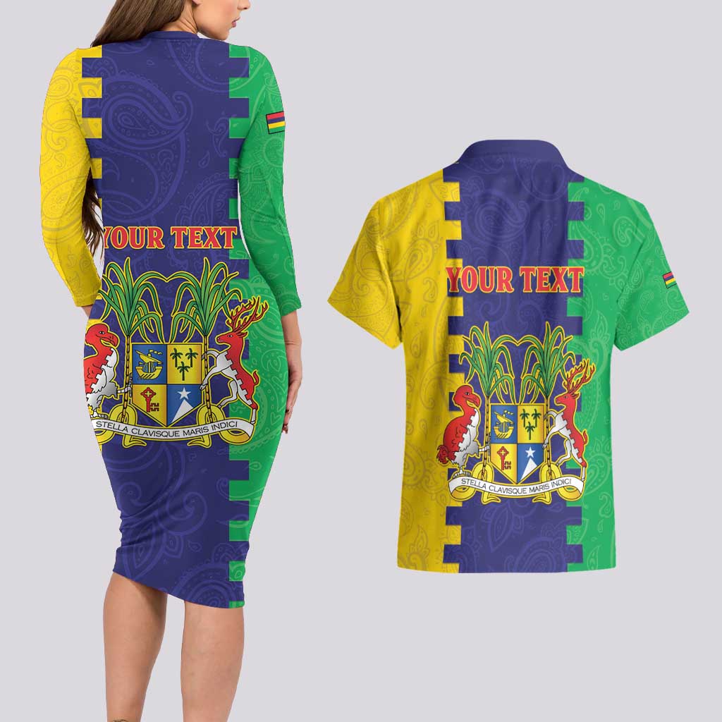 Personalised Mauritius Couples Matching Long Sleeve Bodycon Dress and Hawaiian Shirt Coat Of Arms Mix Paisley Pattern