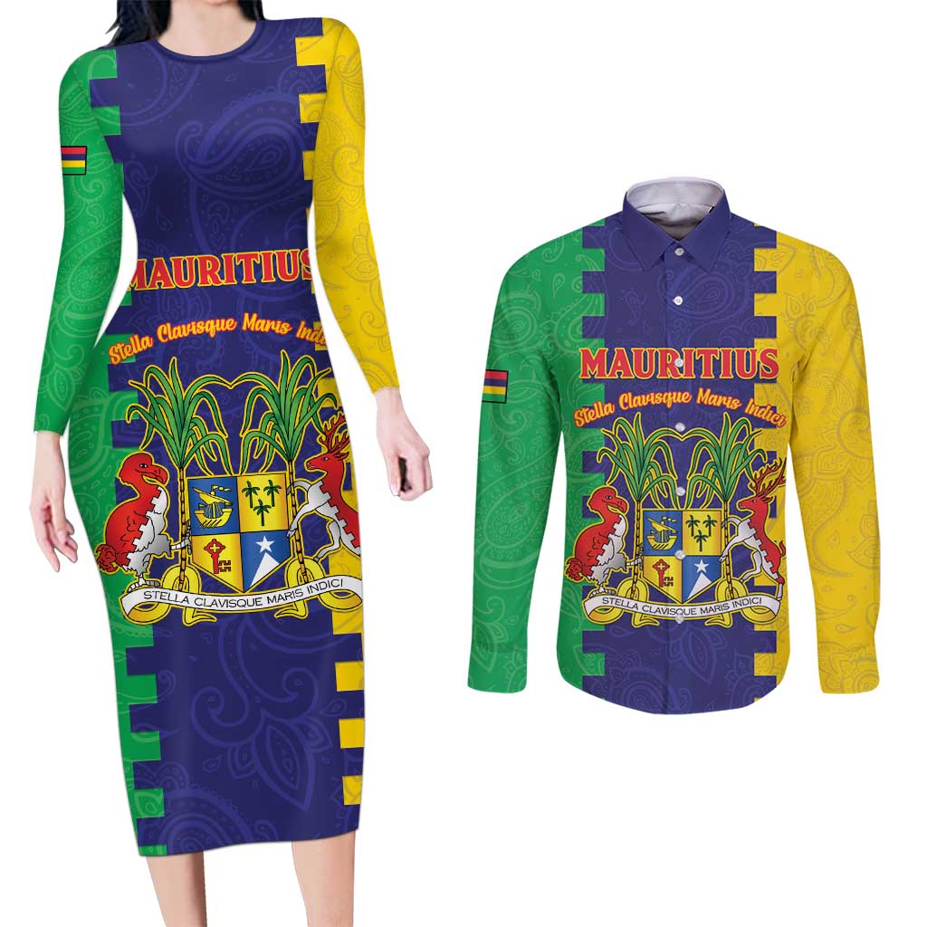 Personalised Mauritius Couples Matching Long Sleeve Bodycon Dress and Long Sleeve Button Shirt Coat Of Arms Mix Paisley Pattern