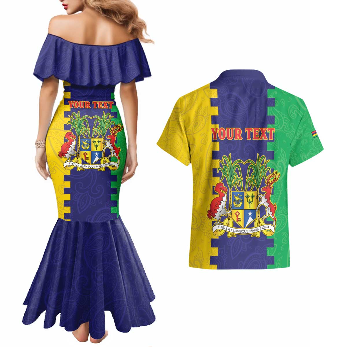 Personalised Mauritius Couples Matching Mermaid Dress and Hawaiian Shirt Coat Of Arms Mix Paisley Pattern