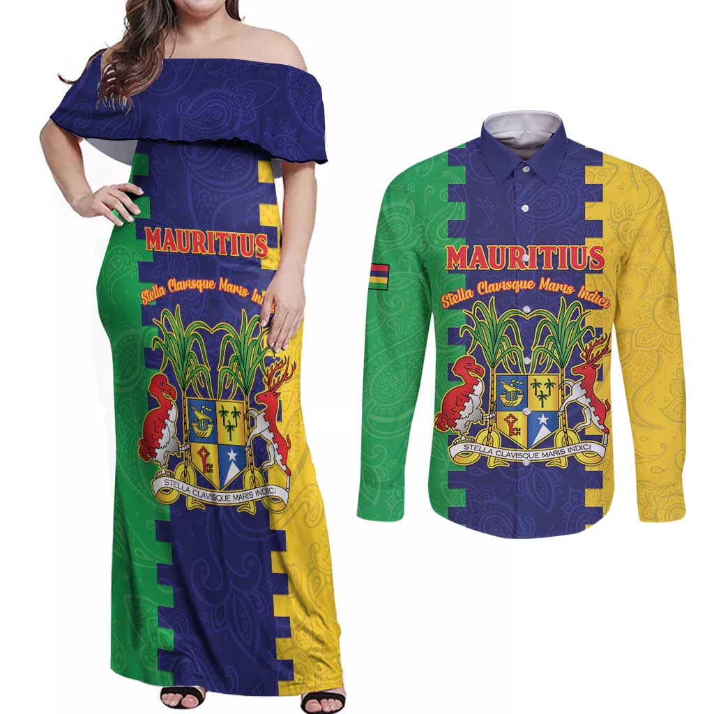 Personalised Mauritius Couples Matching Off Shoulder Maxi Dress and Long Sleeve Button Shirt Coat Of Arms Mix Paisley Pattern