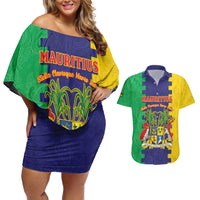 Personalised Mauritius Couples Matching Off Shoulder Short Dress and Hawaiian Shirt Coat Of Arms Mix Paisley Pattern