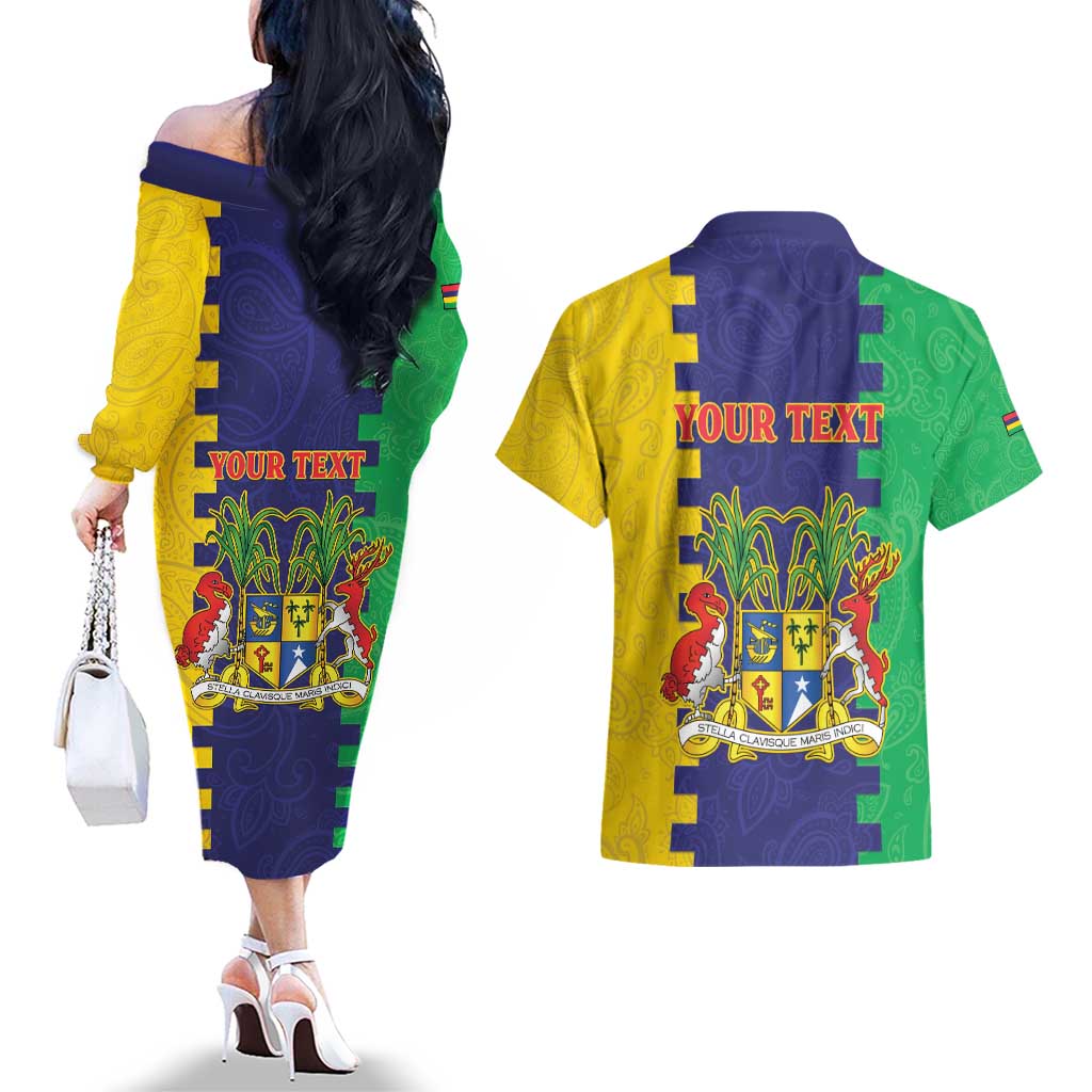 Personalised Mauritius Couples Matching Off The Shoulder Long Sleeve Dress and Hawaiian Shirt Coat Of Arms Mix Paisley Pattern