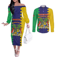 Personalised Mauritius Couples Matching Off The Shoulder Long Sleeve Dress and Long Sleeve Button Shirt Coat Of Arms Mix Paisley Pattern