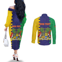 Personalised Mauritius Couples Matching Off The Shoulder Long Sleeve Dress and Long Sleeve Button Shirt Coat Of Arms Mix Paisley Pattern