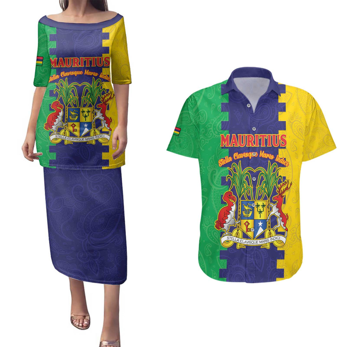 Personalised Mauritius Couples Matching Puletasi and Hawaiian Shirt Coat Of Arms Mix Paisley Pattern