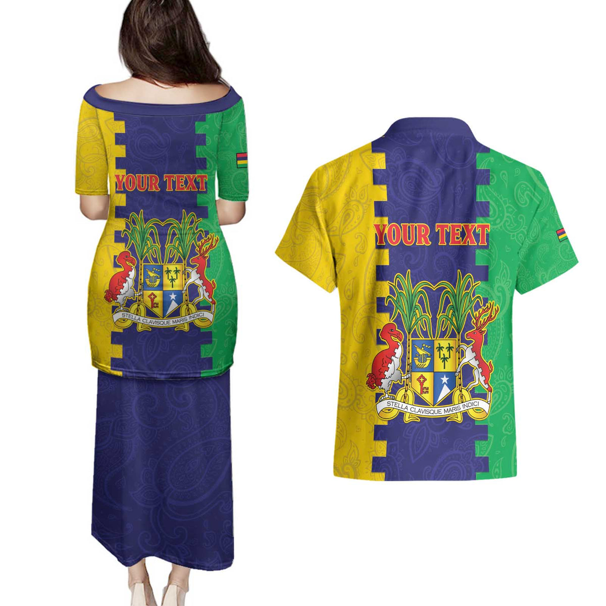 Personalised Mauritius Couples Matching Puletasi and Hawaiian Shirt Coat Of Arms Mix Paisley Pattern