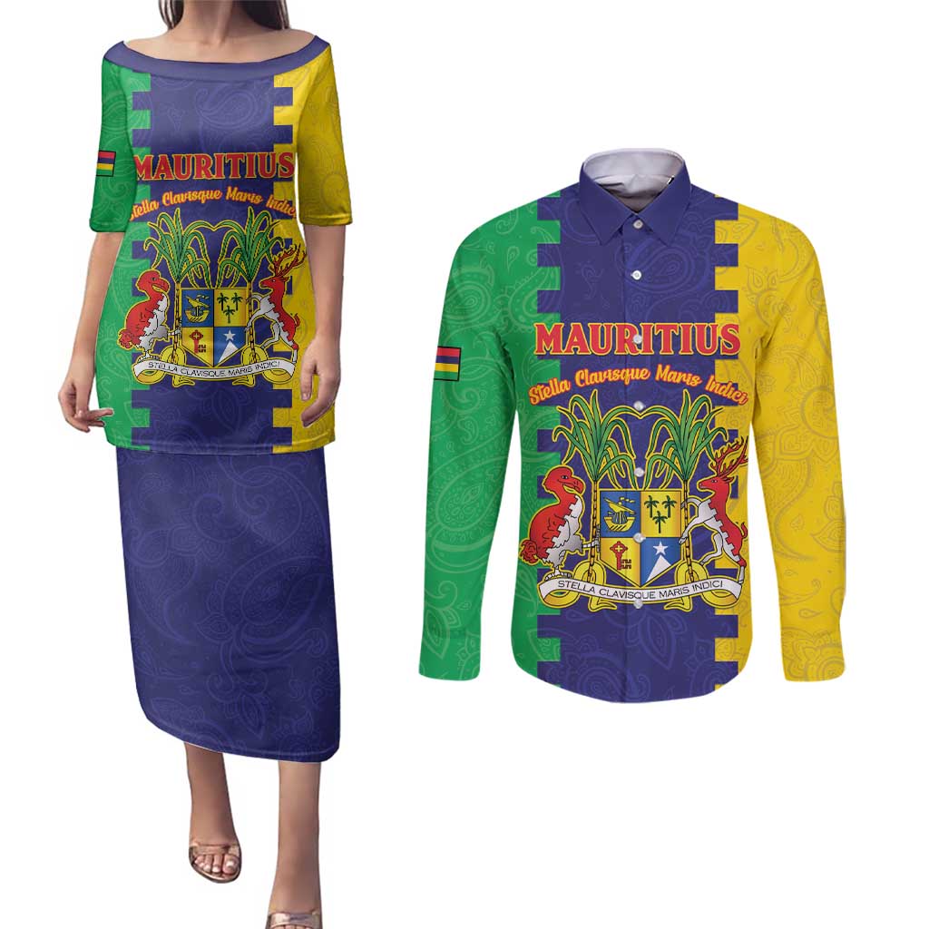Personalised Mauritius Couples Matching Puletasi and Long Sleeve Button Shirt Coat Of Arms Mix Paisley Pattern