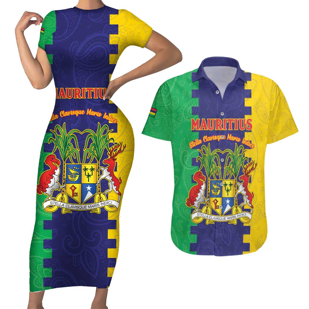 Personalised Mauritius Couples Matching Short Sleeve Bodycon Dress and Hawaiian Shirt Coat Of Arms Mix Paisley Pattern