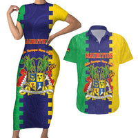 Personalised Mauritius Couples Matching Short Sleeve Bodycon Dress and Hawaiian Shirt Coat Of Arms Mix Paisley Pattern